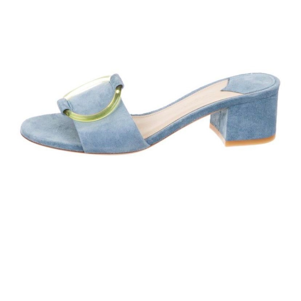 ISO THEORY BLUE SUEDE SLIDE BLOCK HEEL SANDALS